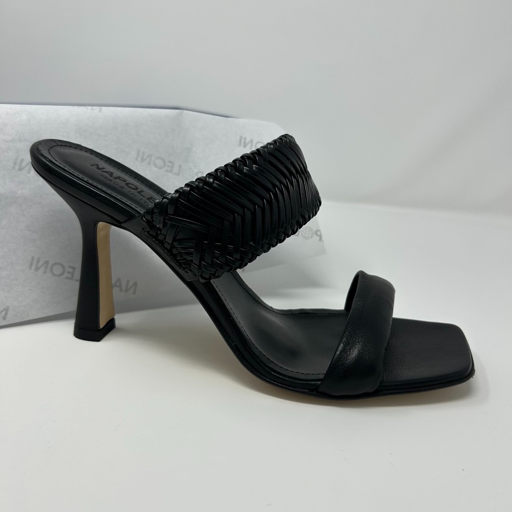 Napoleoni Womens US 10.5 Sandal Black Nappa Italian Leather Block Heel Open Toe